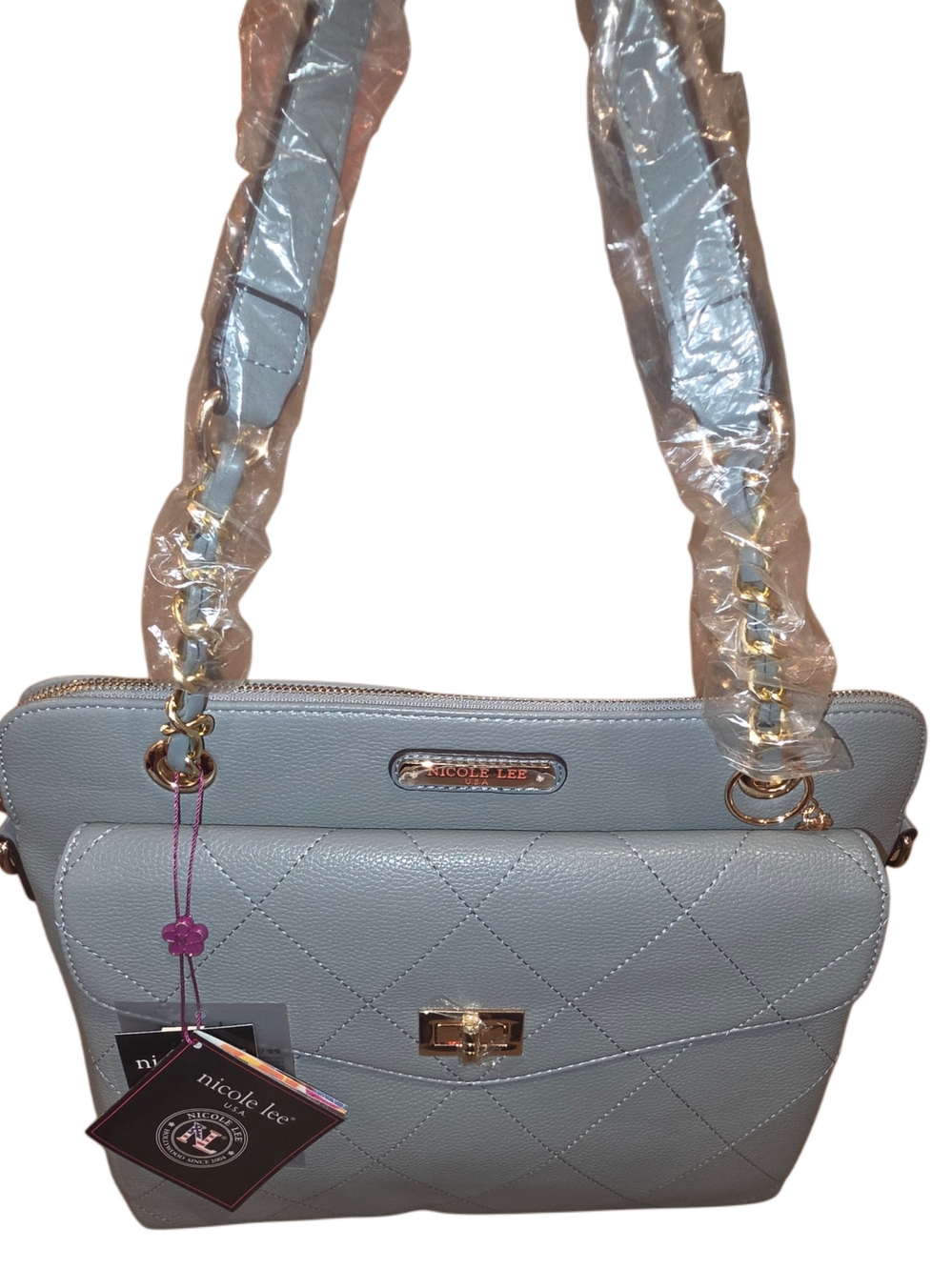 Brand New - Nicole Lee Quilted Pale Blue Shoulder Bag with Gold Hardware